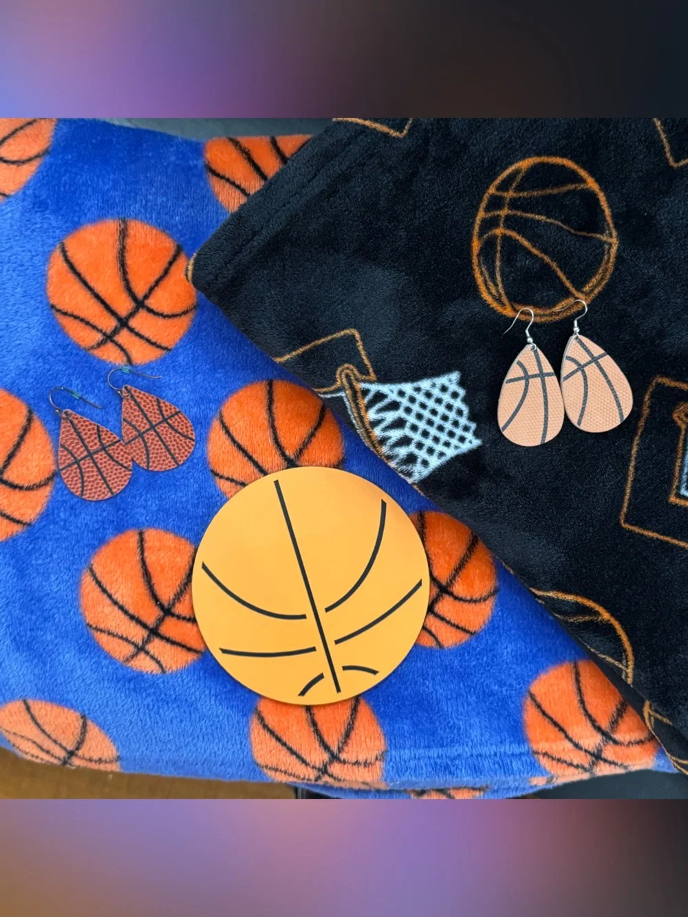Basketball earrings, blankets & wooden home decor